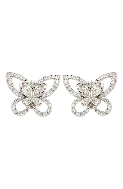 Sterling Silver & CZ White Butterfly Stud Earrings