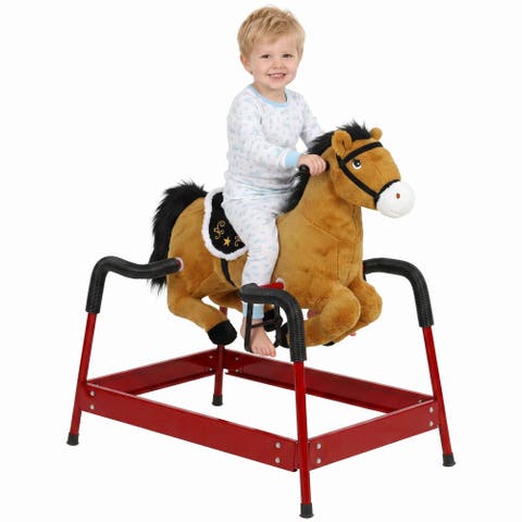 Kids Spring Rocking Horse, Ride on Horse with Neighing Sounds, Plush Animal Ride on Toy with Covered Spring