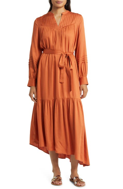 Tie Waist Long Sleeve Asymmetric Maxi Dress