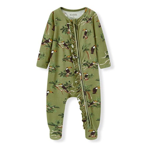 Milkbarn Cotton Stretch Ruffle Footed Romper In Green