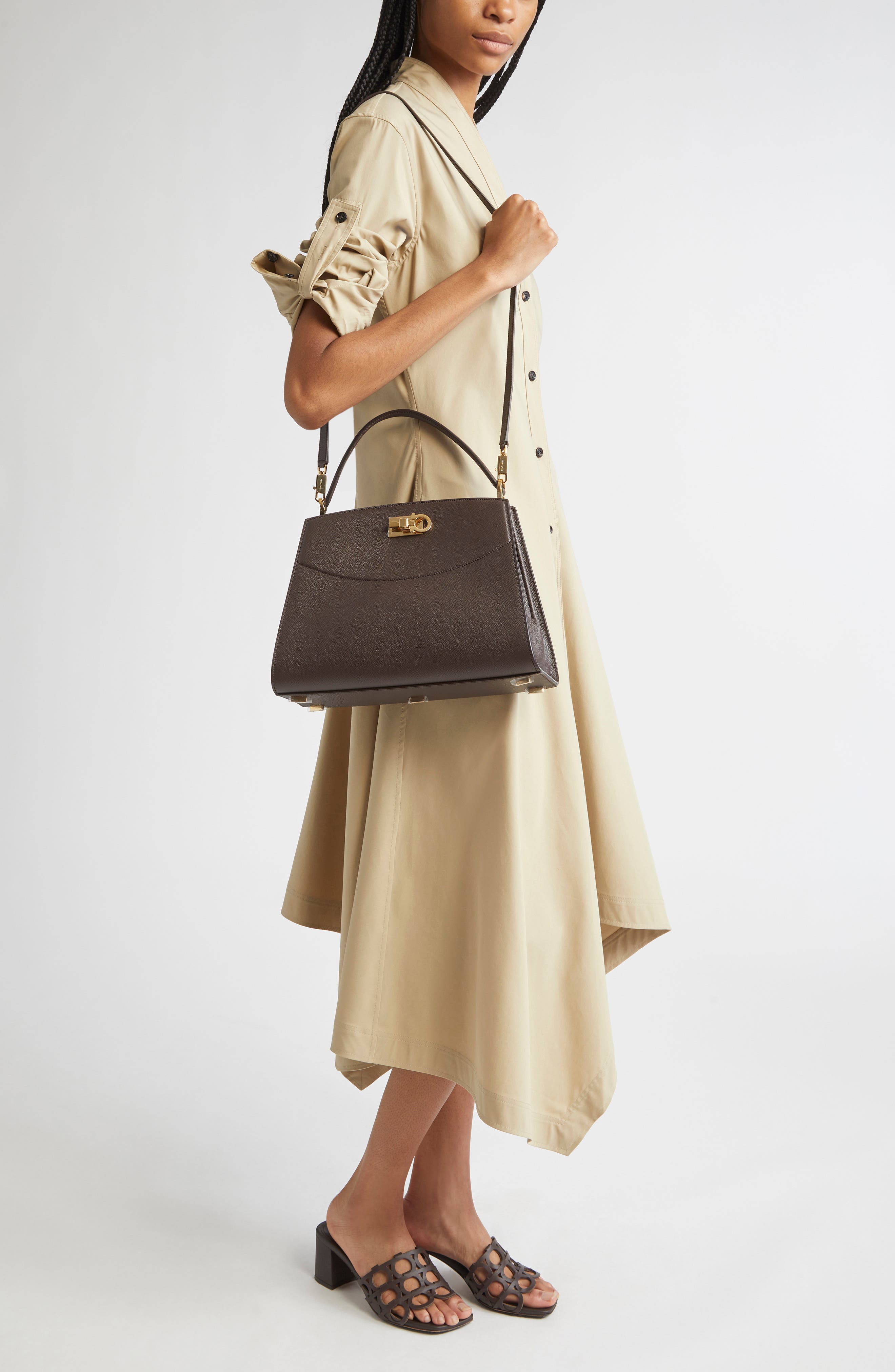 FERRAGAMO Small Studio Box Leather Top Handle Bag, Alternate, color, Testa Di Moro