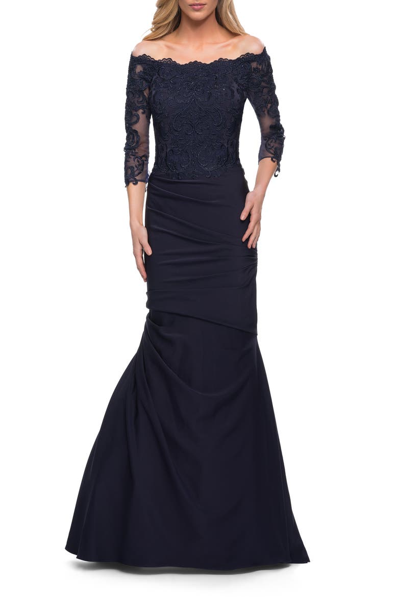 Satin Mermaid Gown with Off the Shoulder Lace Bodice, Main, color, Navy
