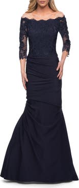 La Femme Satin Mermaid Gown with Off the Shoulder Lace Bodice