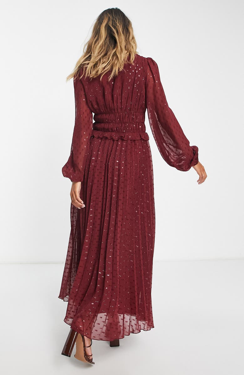 ASOS DESIGN Pleated Long Sleeve Clip Dot Chiffon Dress, Alternate, color,