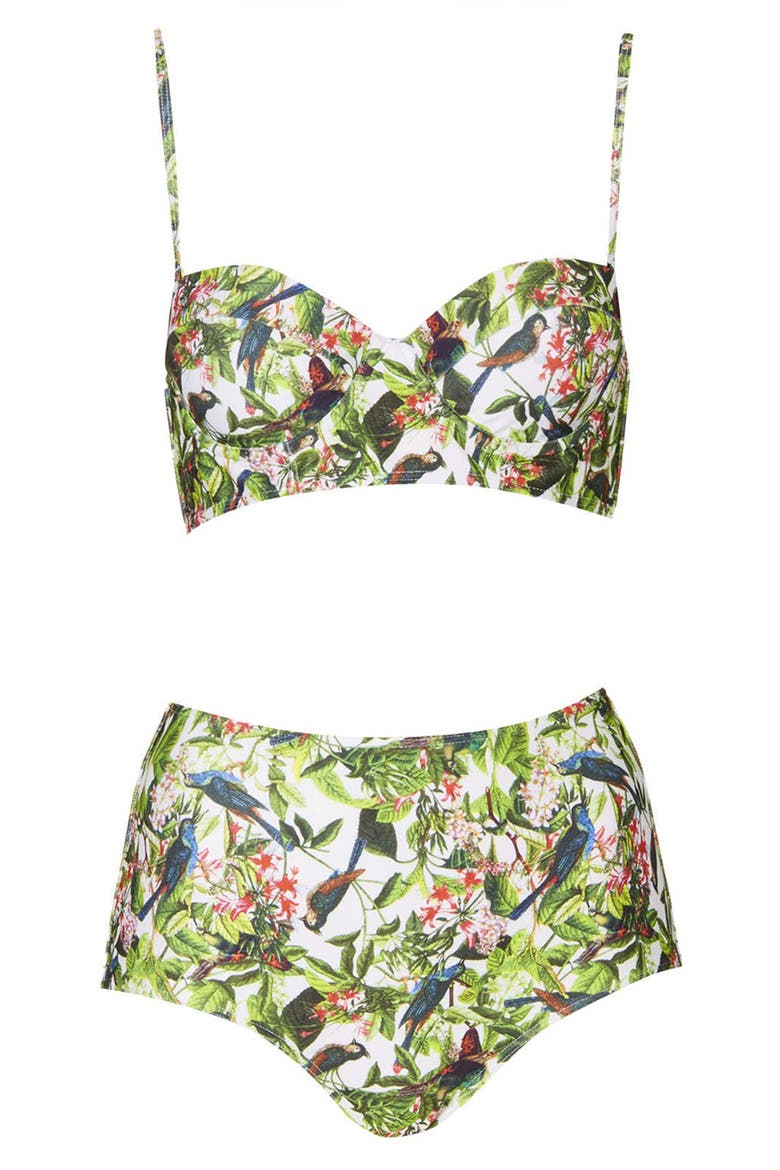 Leaf Print High Rise Bikini, Main, color, WHITE