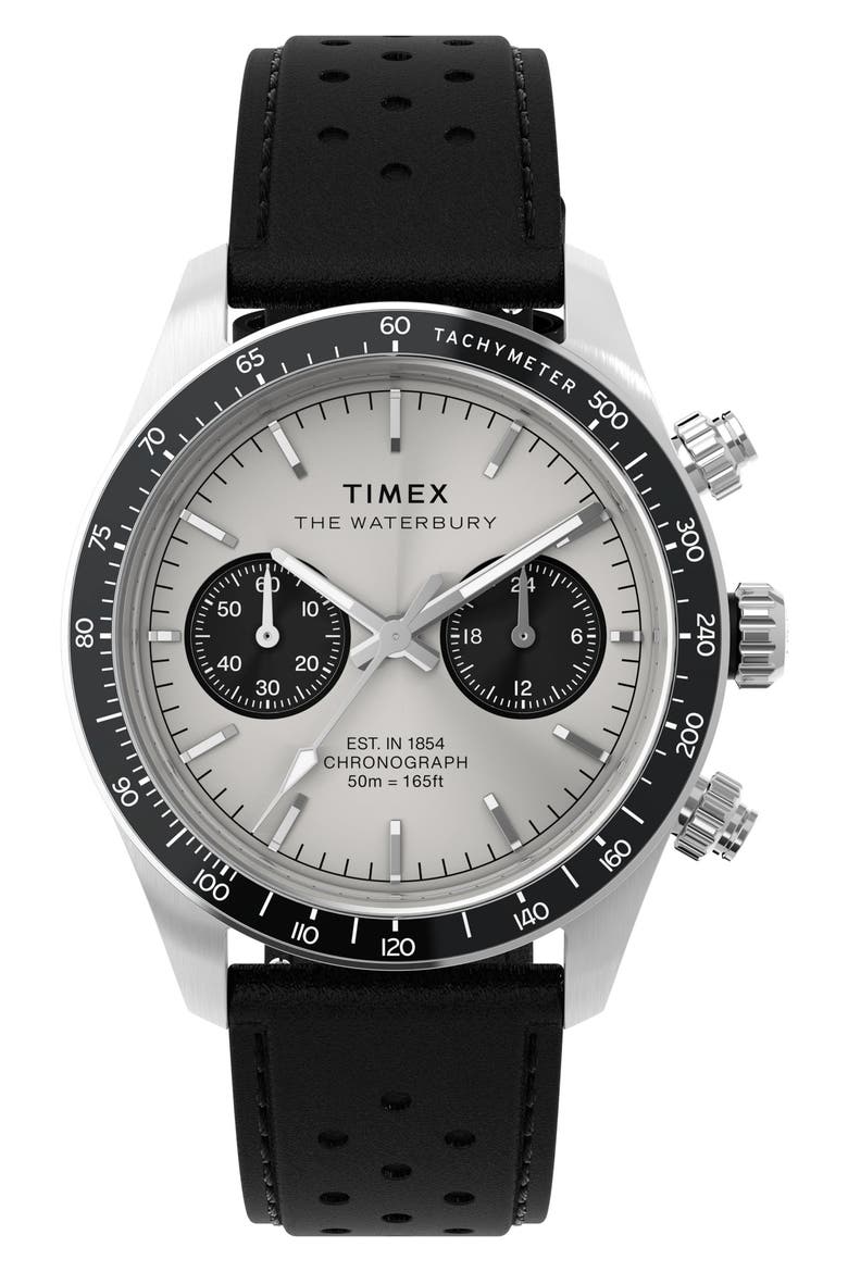 Waterbury Heritage Chronograph Leather Strap Watch, 39mm, Main, color, BLACK