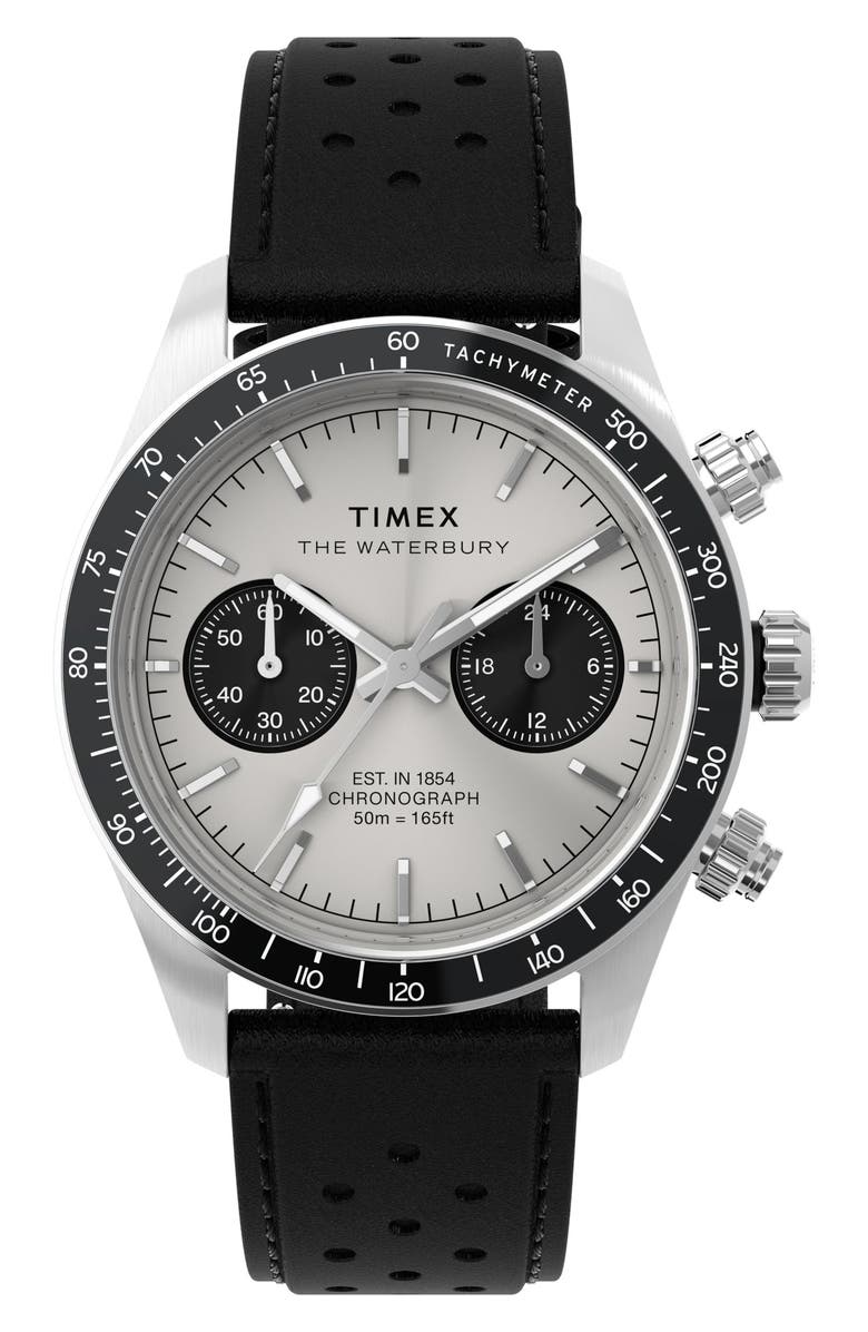Timex<sup>®</sup> Waterbury Heritage Chronograph Leather Strap Watch, 39mm, Main, color, 