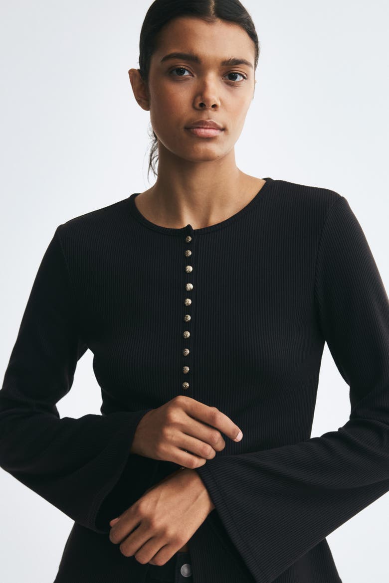 Fitted Rib-knit Cardigan, Alternate, color, Black