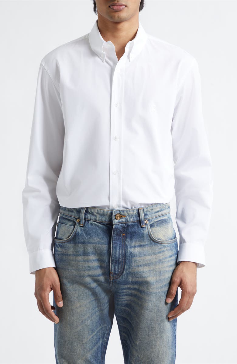 Balmain Cotton Poplin Button-Down Shirt, Main, color, 0Fb Optical White
