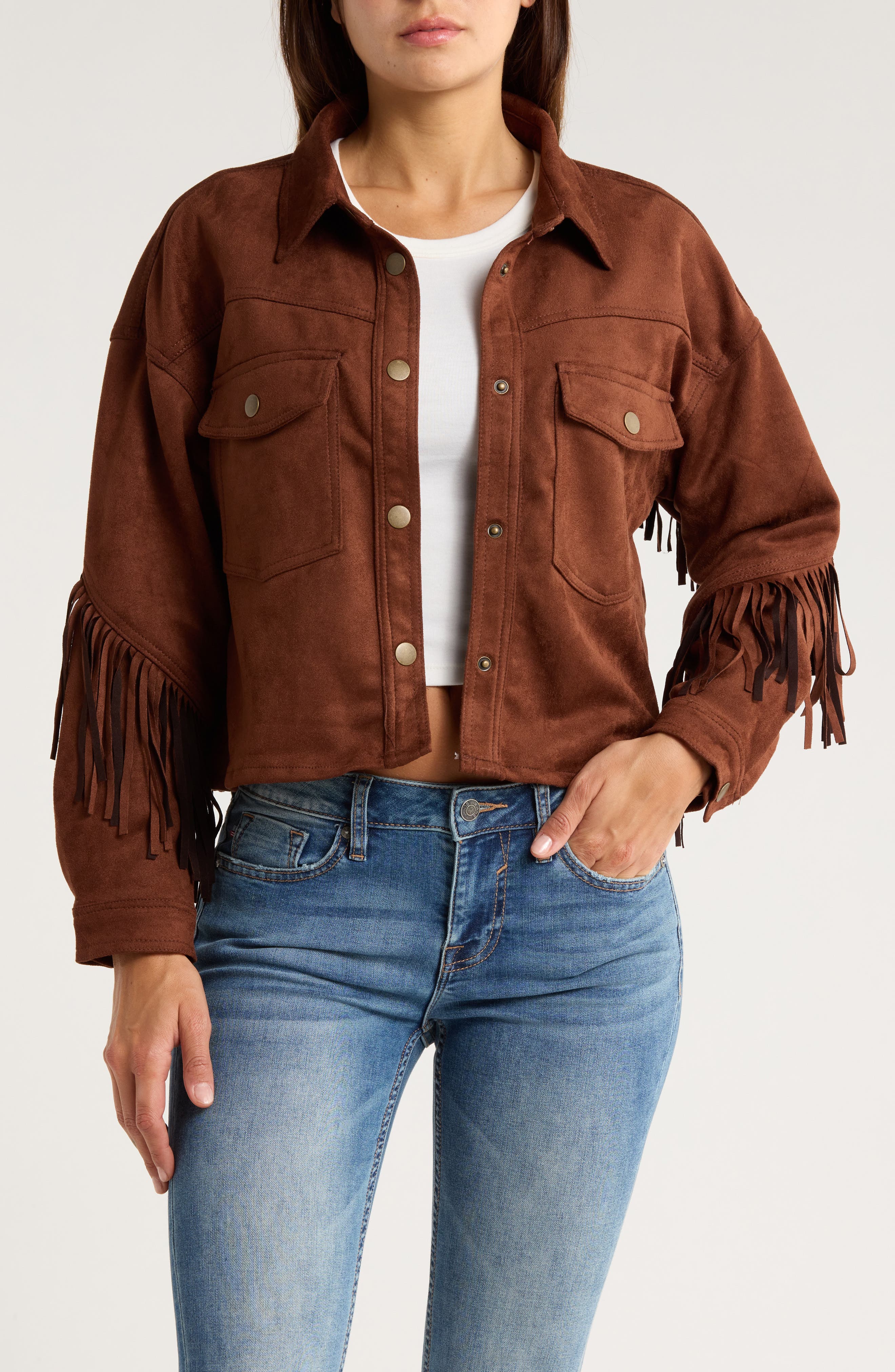 Vigoss Fringed Faux Suede Shirt Jacket