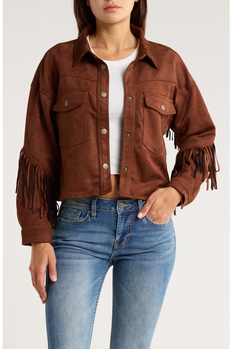 Fringed Faux Suede Shirt Jacket, Main, color, CHOCOLATE
