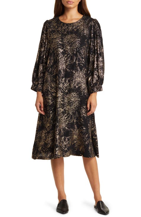 Manirisa Metallic Starburst Long Sleeve Shift Dress