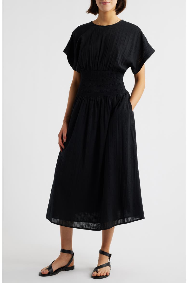 Stripe Smocked Waist Seersucker Dress, Main, color, TRUE BLACK