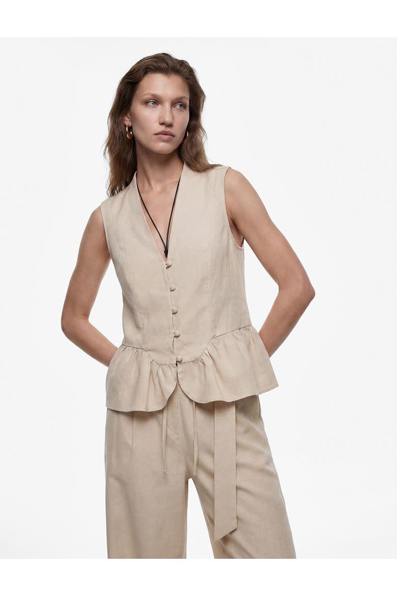 V-Neck Sleeveless Linen Peplum Vest, Alternate, color, BEIGE