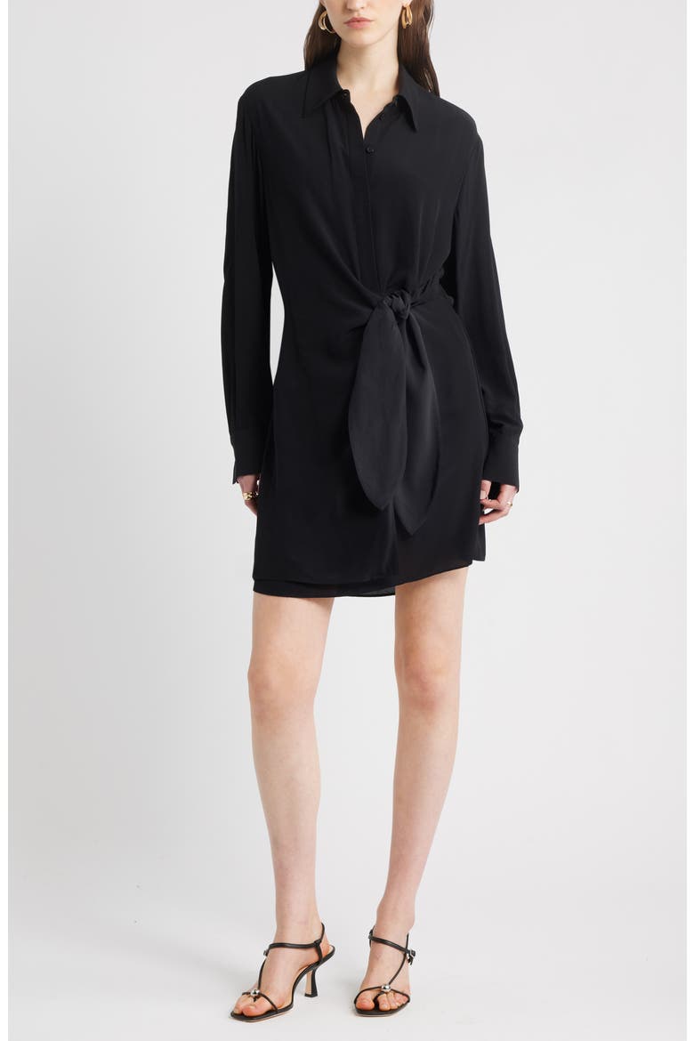 Tie Waist Long Sleeve Shirtdress, Main, color, BLACK