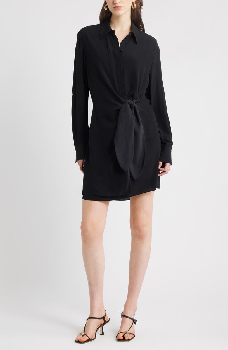 Nordstrom Tie Waist Long Sleeve Shirtdress, Main, color, Black