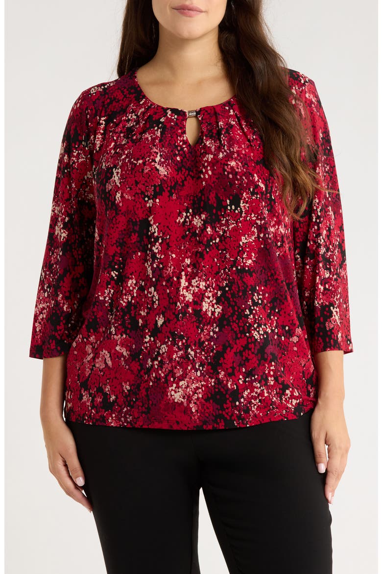 Pleated Three-Quarter Sleeve Top, Main, color, RED/ BLACK MULTI