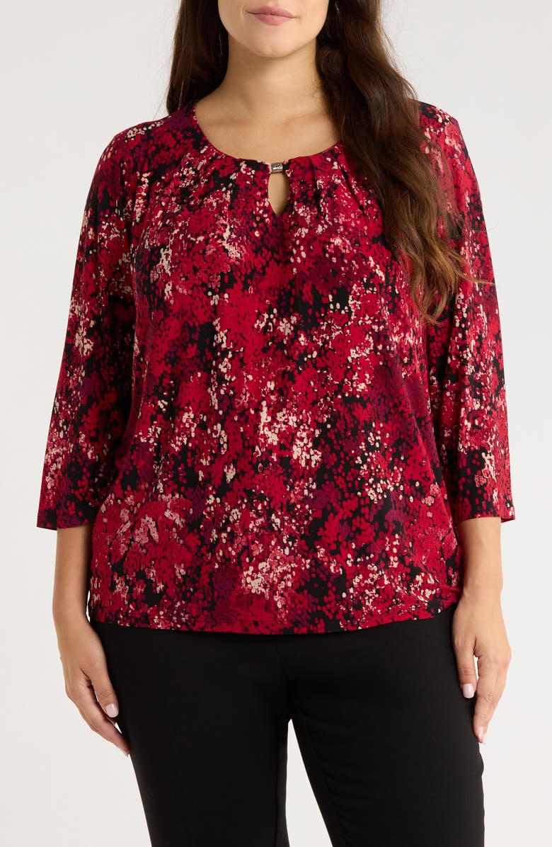 KASPER Pleated Three-Quarter Sleeve Top, Main, color, Red/ Black Multi
