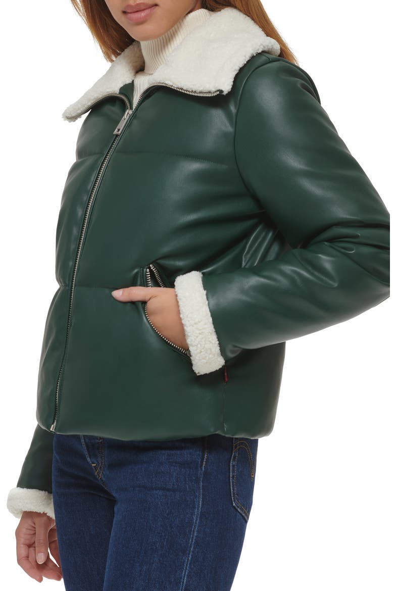 Faux Leather Quilted Puffer Jacket, Alternate, color, PINE