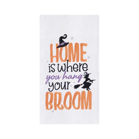 Home is Where You Hang Your Broom Cotton Embroidered Halloween Flour Sack Kitchen Dishtowel