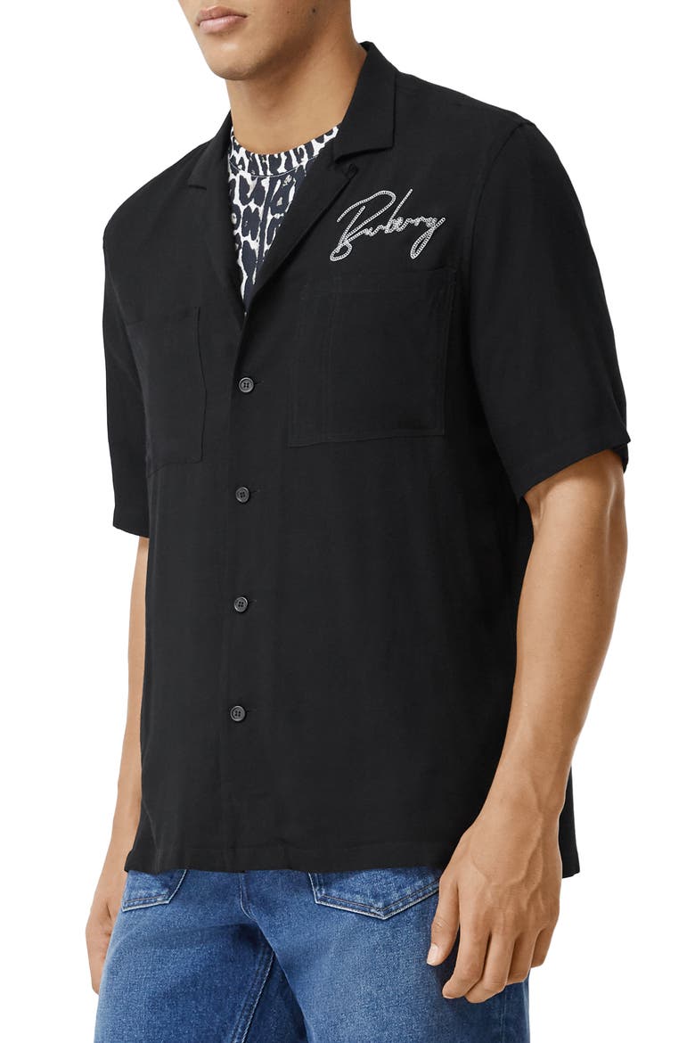 Randall Logo Embroidered Short Sleeve Button-Up Camp Shirt, Alternate, color, BLACK