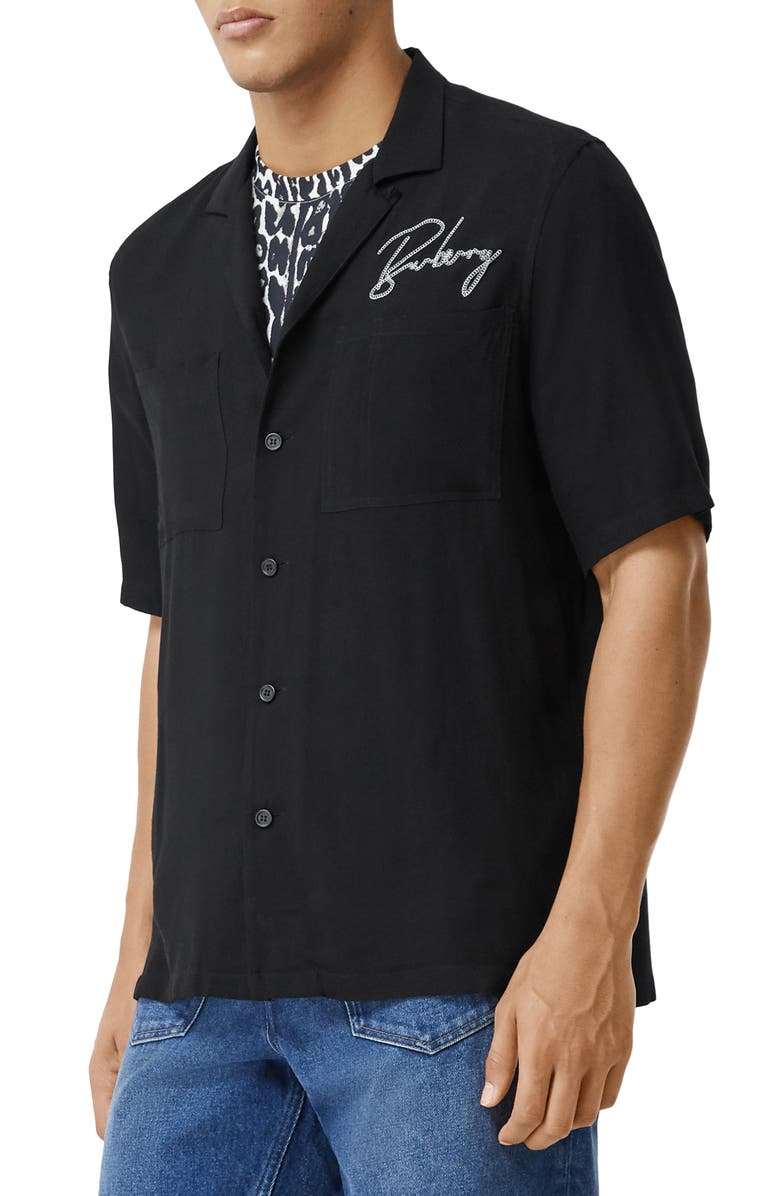 Burberry Randall Logo Embroidered Short Sleeve Button-Up Camp Shirt, Alternate, color, 