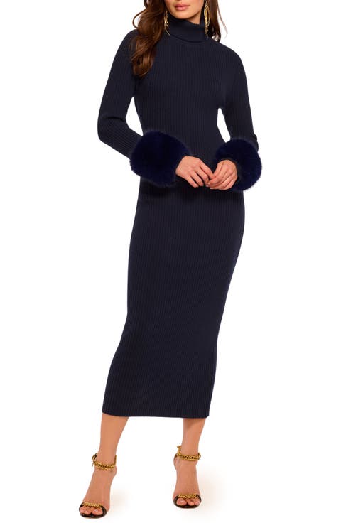 Linda Faux Fur Trim Long Sleeve Open Back Wool & Cotton Blend Rib Dress