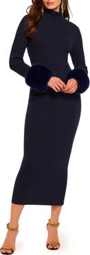 Ramy Brook Linda Faux Fur Trim Long Sleeve Open Back Wool & Cotton Blend Rib Dress