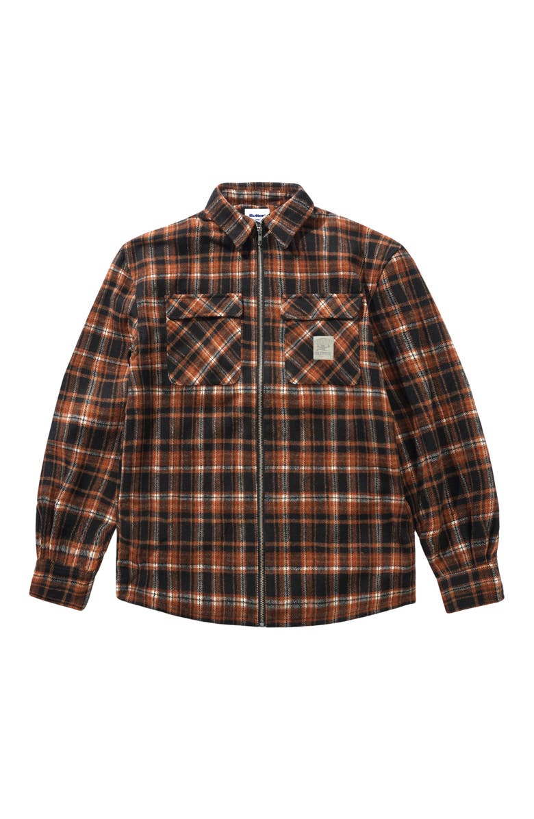 Butter Goods Woods Plaid Zip-Up Shirt Jacket, Main, color, Sunset