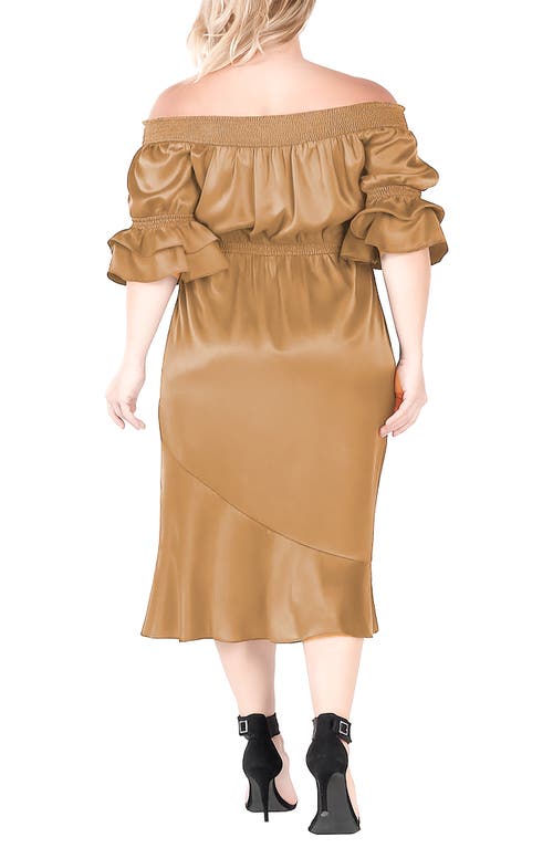 Standards & Practices Off The Shoulder Satin Midi Dress In Brown