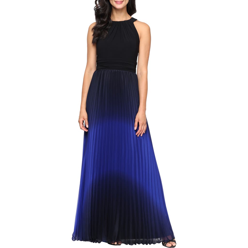 Sl Fashions Pleated Ombré Chiffon Halter Gown In Blue