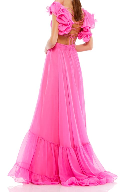 Mac Duggal Rosette Chiffon Cutout Empire Waist Gown In Hot Pink