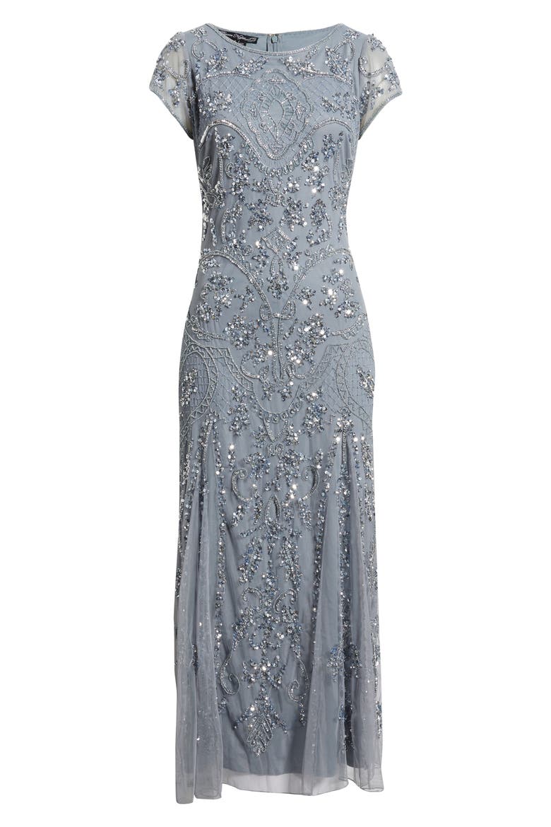 Beaded Mesh Midi Cocktail Dress, Alternate, color, ICE BLUE