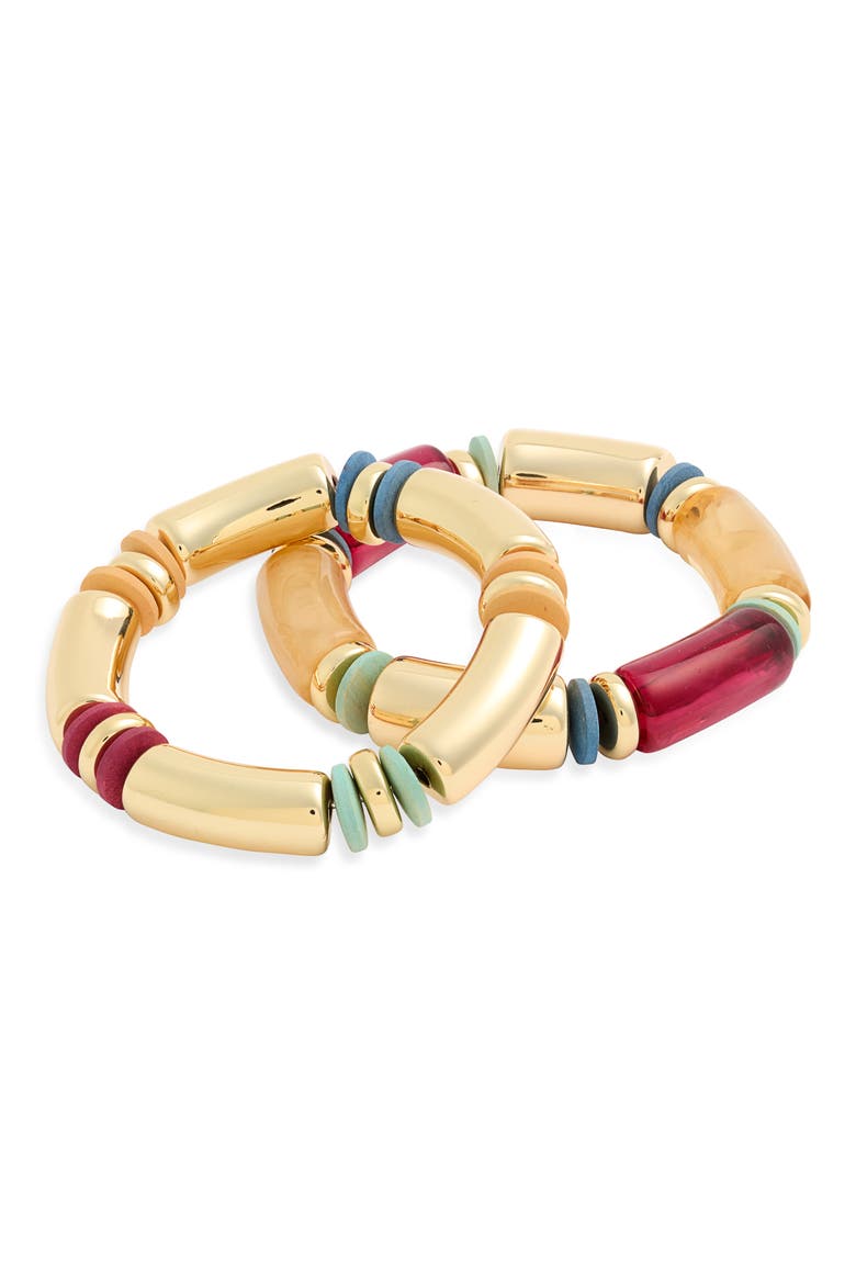 Set of 2 Tube Bead Stretch Bracelets, Main, color, RAINBOW MULTI- GOLD