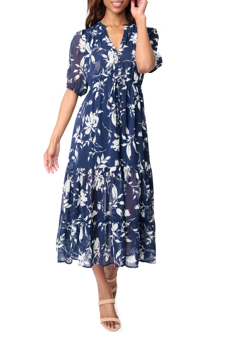 Kira Drawstring Maxi Dress, Main, color, NAVY/WHITE FLOWER PRINT