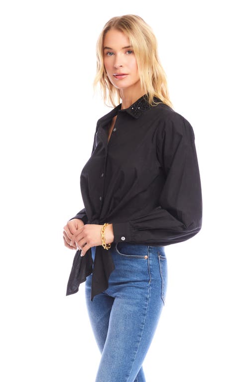 Karen Kane Tie Front Embellished Collar Cotton Button-up Shirt In Black