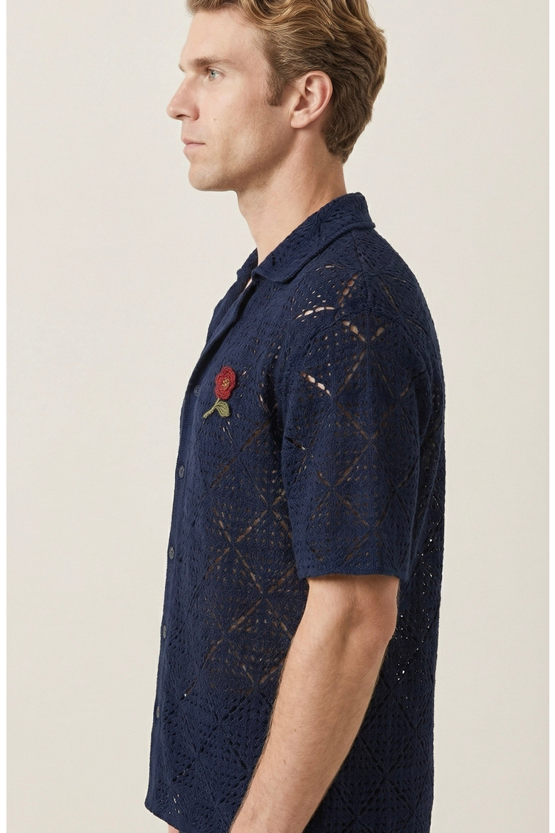 Open Knit Short Sleeve Shirt, Alternate, color, Navy Blue