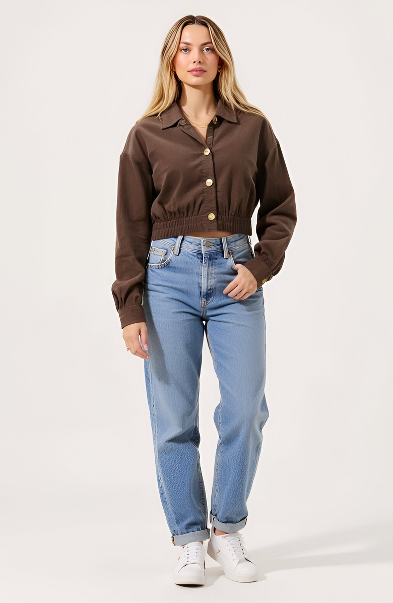 Modenaire Cropped Collared Button-Up Stretch Hem Jacket, Alternate, color, Brown