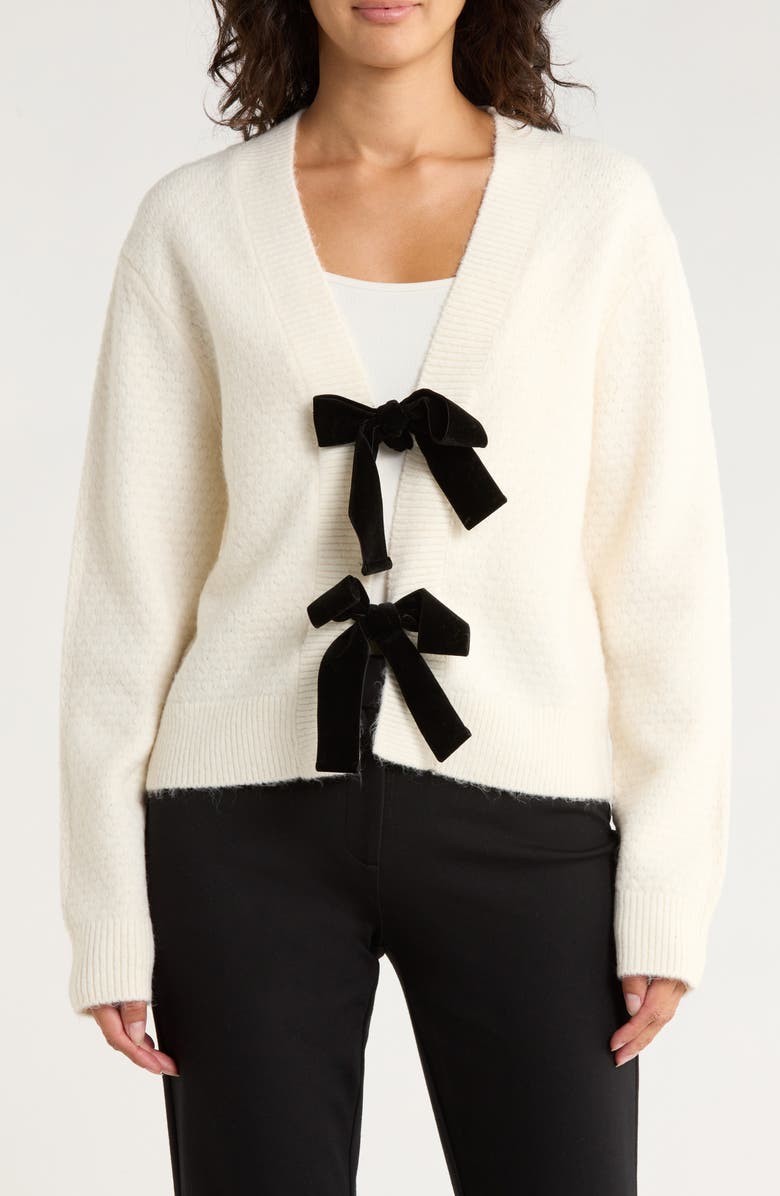 French Connection Velvet Tie Bobble Knit Crop Cardigan, Main, color, Classic Cream With Black Bows