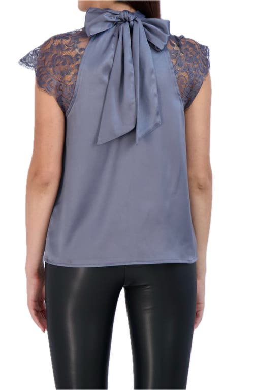 Ookie & Lala Tie Back Mock Neck Lace Sleeve Satin Blouse In Charcoal