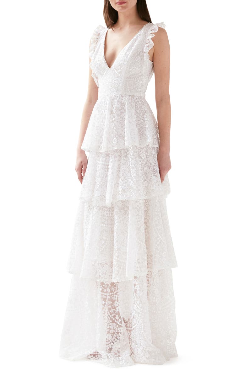 ML Monique Lhuillier Embroidered Ruffle Tiered Evening Gown, Main, color, 