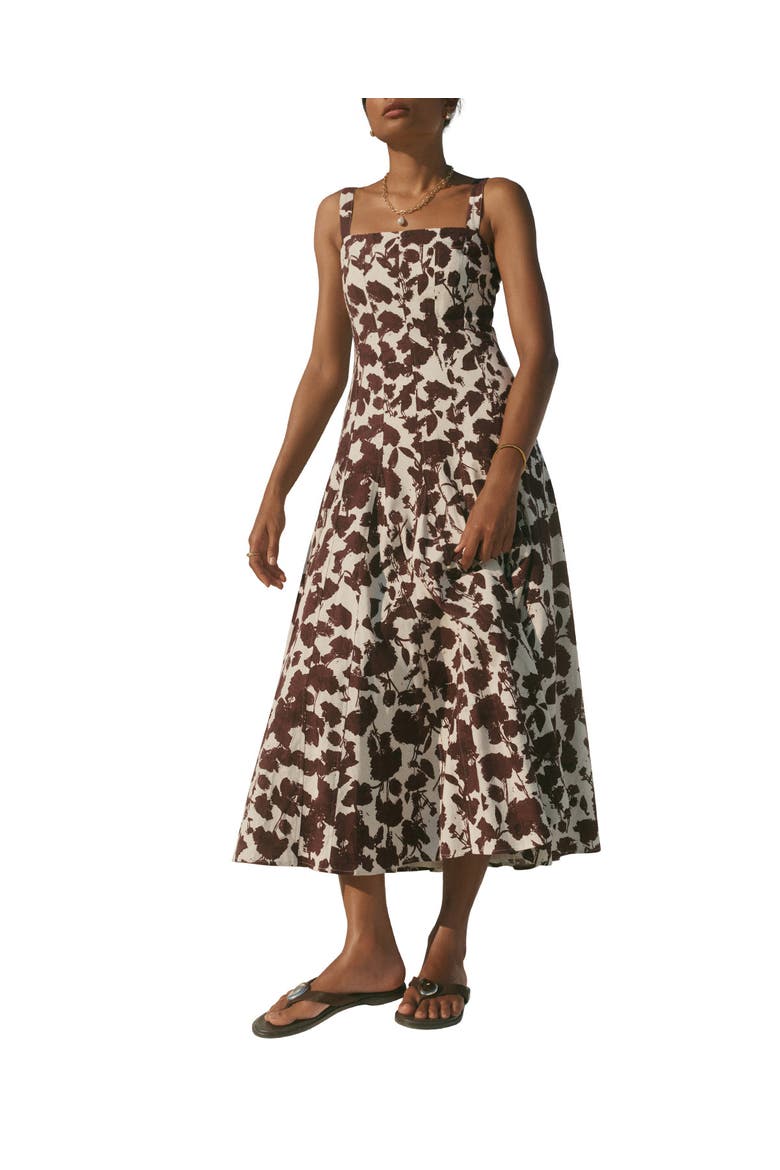 Linen Blend Printed Midi Dress, Main, color, Brown