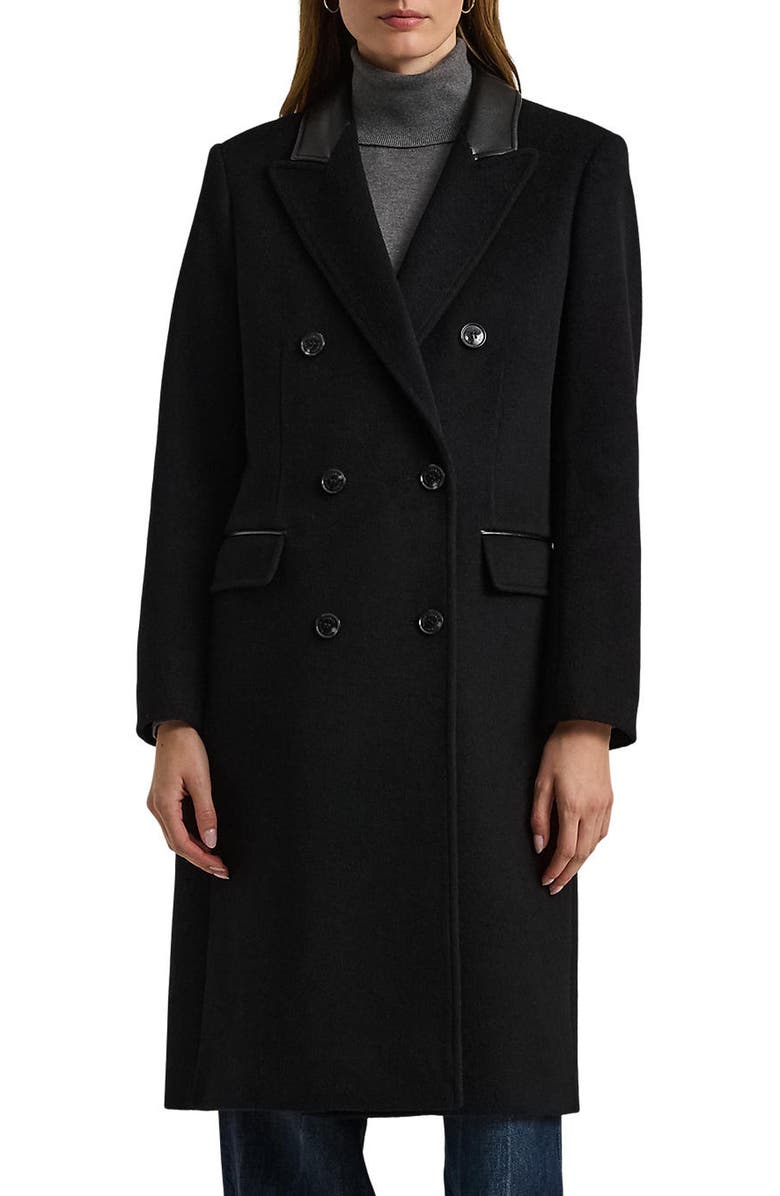 Lauren Ralph Lauren Faux Leather Trim Double Breasted Wool Blend Reefer Coat, Main, color, Black