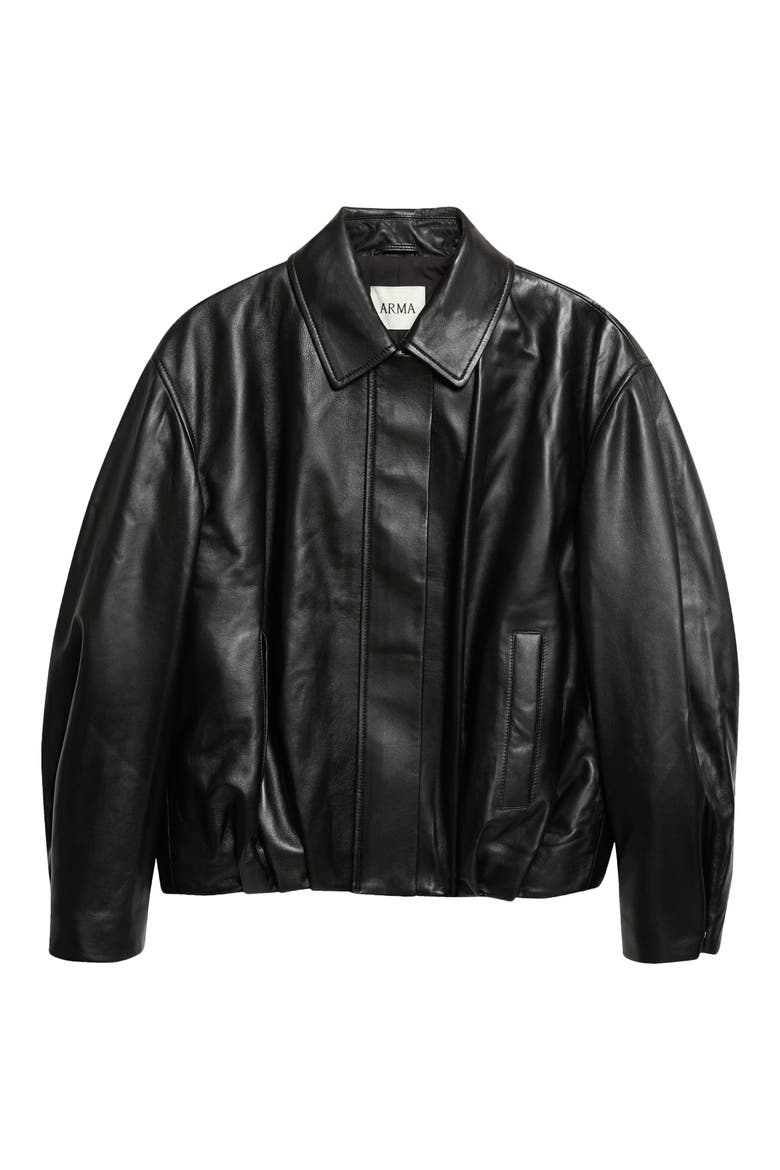 Melis Leather Bomber Jacket, Alternate, color, BLACK