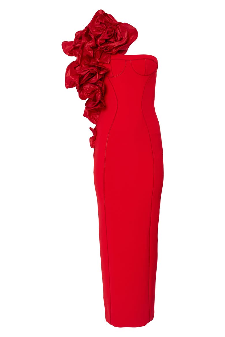 Dramatic Rosette One-Shoulder Crepe Column Gown, Alternate, color, POPPY
