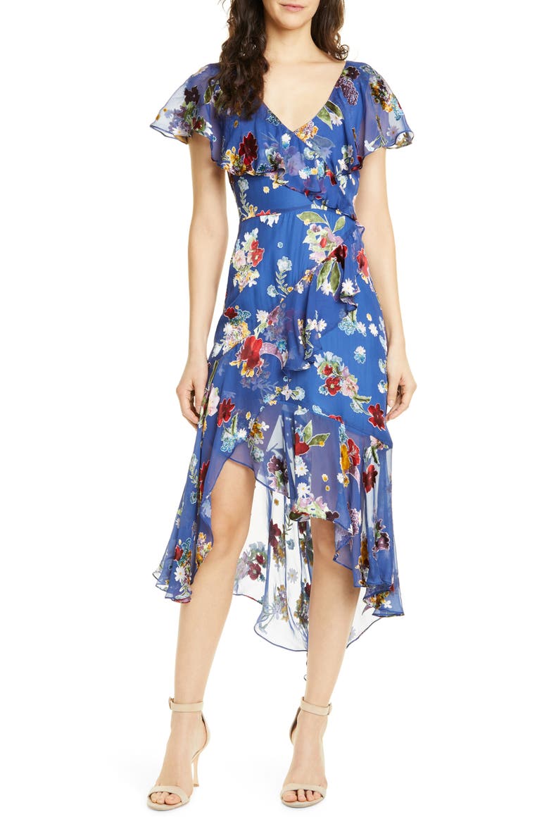 Electra Asymmetrical Ruffle Chiffon Dress, Main, color, COLORFUL BOUQUET RIVIERA