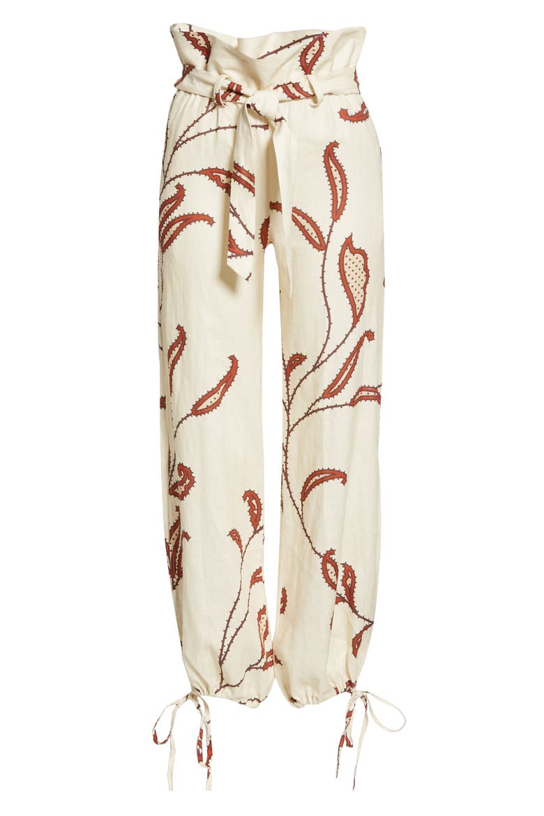 Leaf Print Linen Paperbag Pants, Alternate, color, ECRU