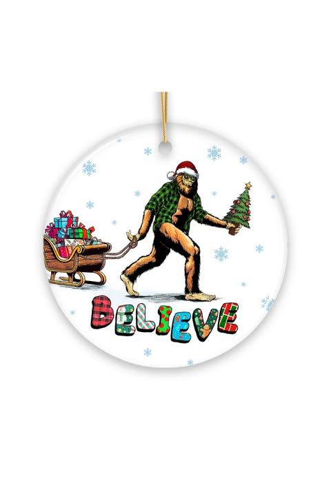 Sasquatch Believe Sleigh Ride Round Ceramic Ornament