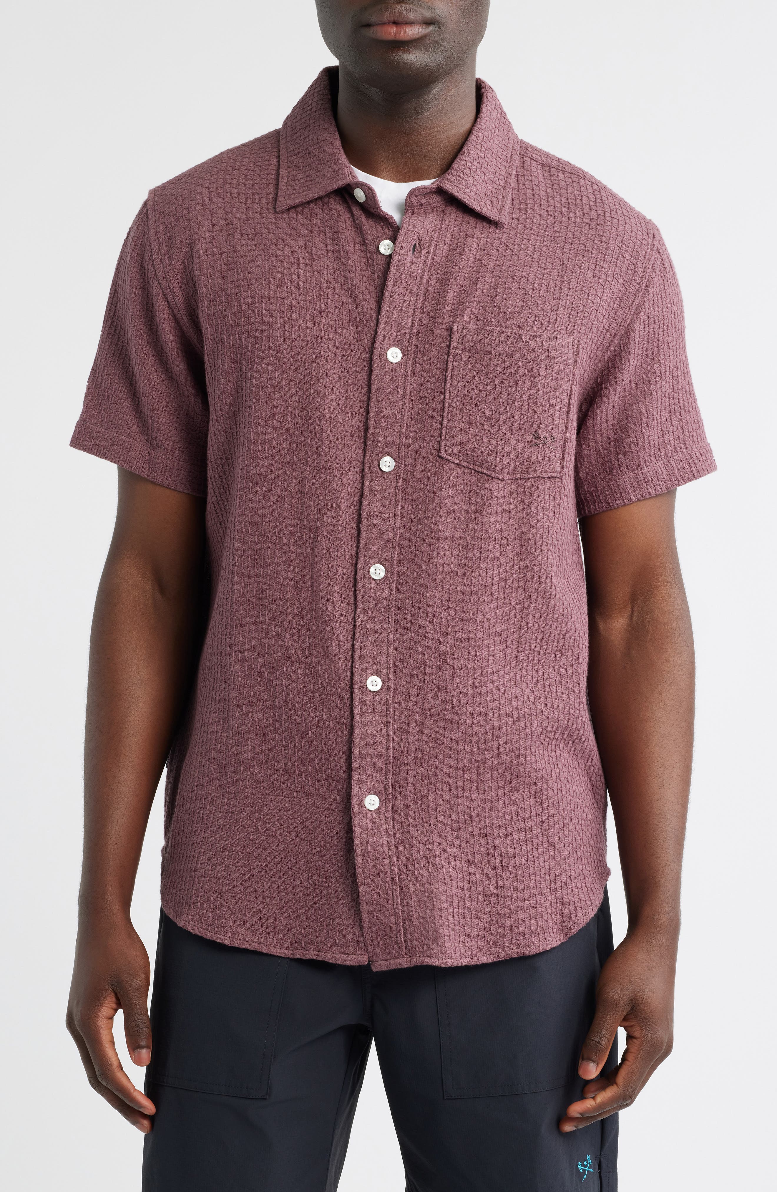 Textured Short Sleeve Cotton Button-Up Shirt - image 4