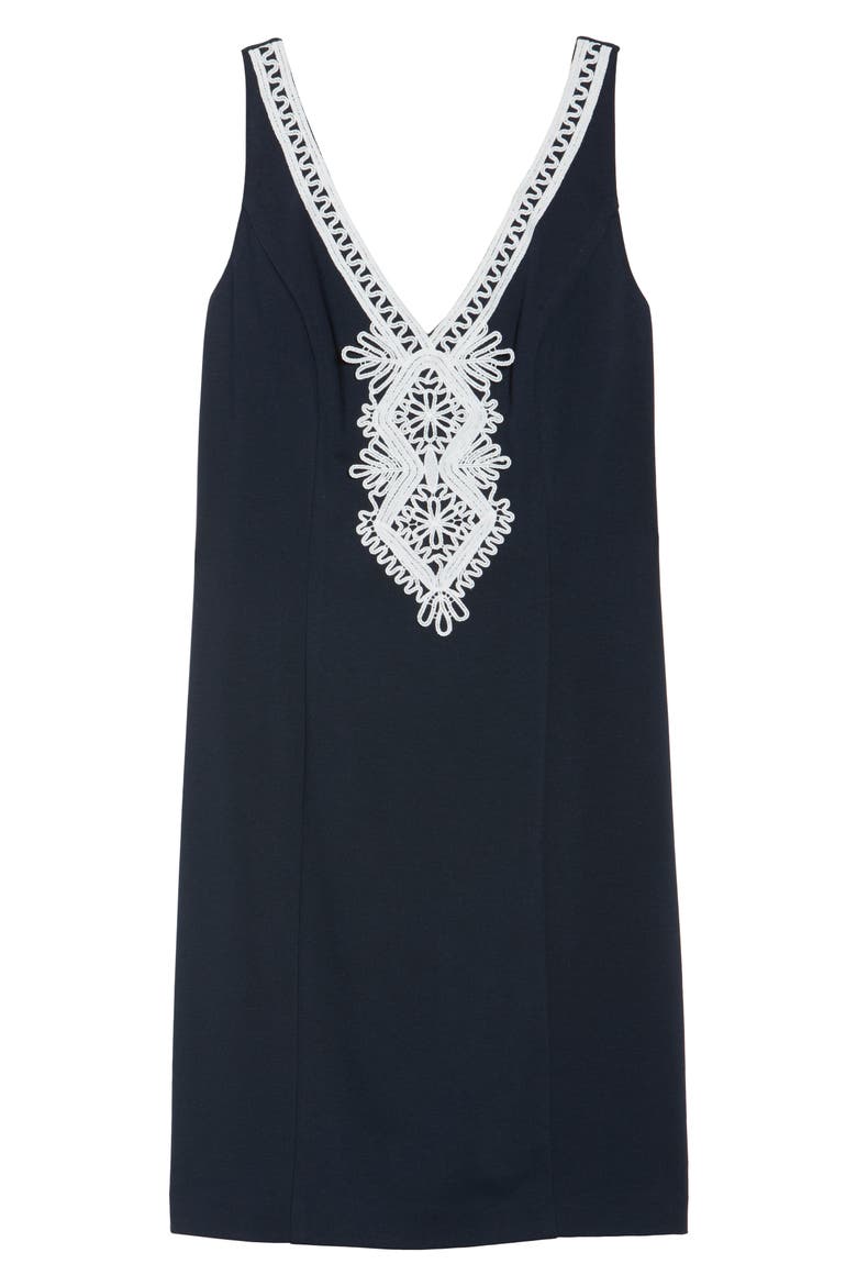 Embroidered V-Neck Shift Dress, Alternate, color, NAVY/ IVORY